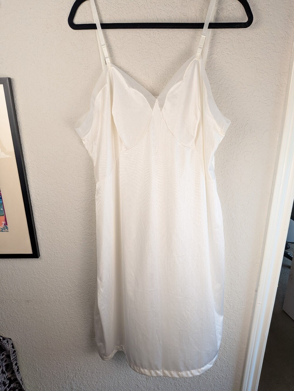 VTG 1960's Kayser Slip Dress Off-White XL Satiny Feel Mesh Trim Adjustable Strap
